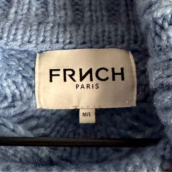 FRNCH Paris Blue Bubble Stitch Open Knit Turtleneck Sweater Size M/L - Picture 7 of 8
